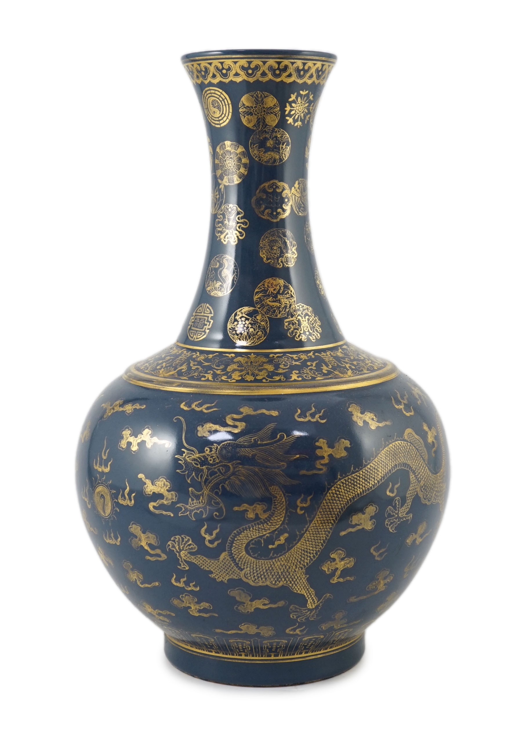 A Chinese gilt decorated blue ground ‘dragon’ vase, Guangxu mark but later, 38.5cm high, wear to gilding